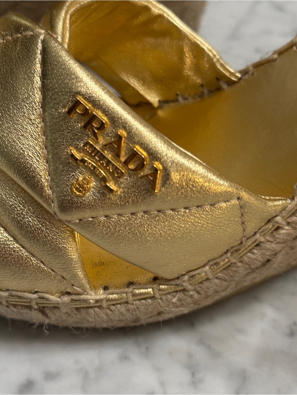 Prada Metallic Gold Leather Espadrille Wedge Sandals - Picture 3 of 7